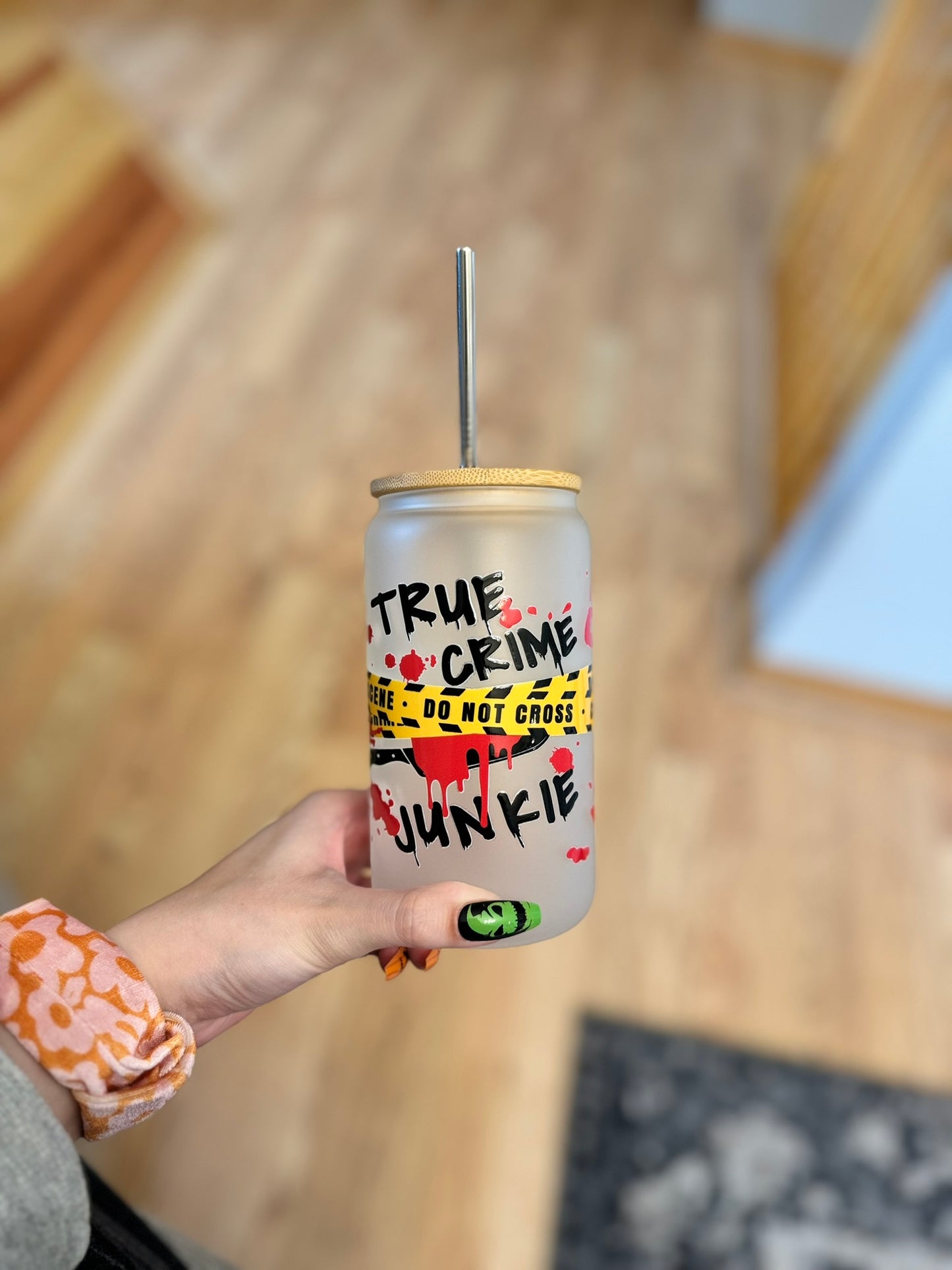 True Crime Junkie Frosted Glass Cup with Bamboo Lid and Metal Straw