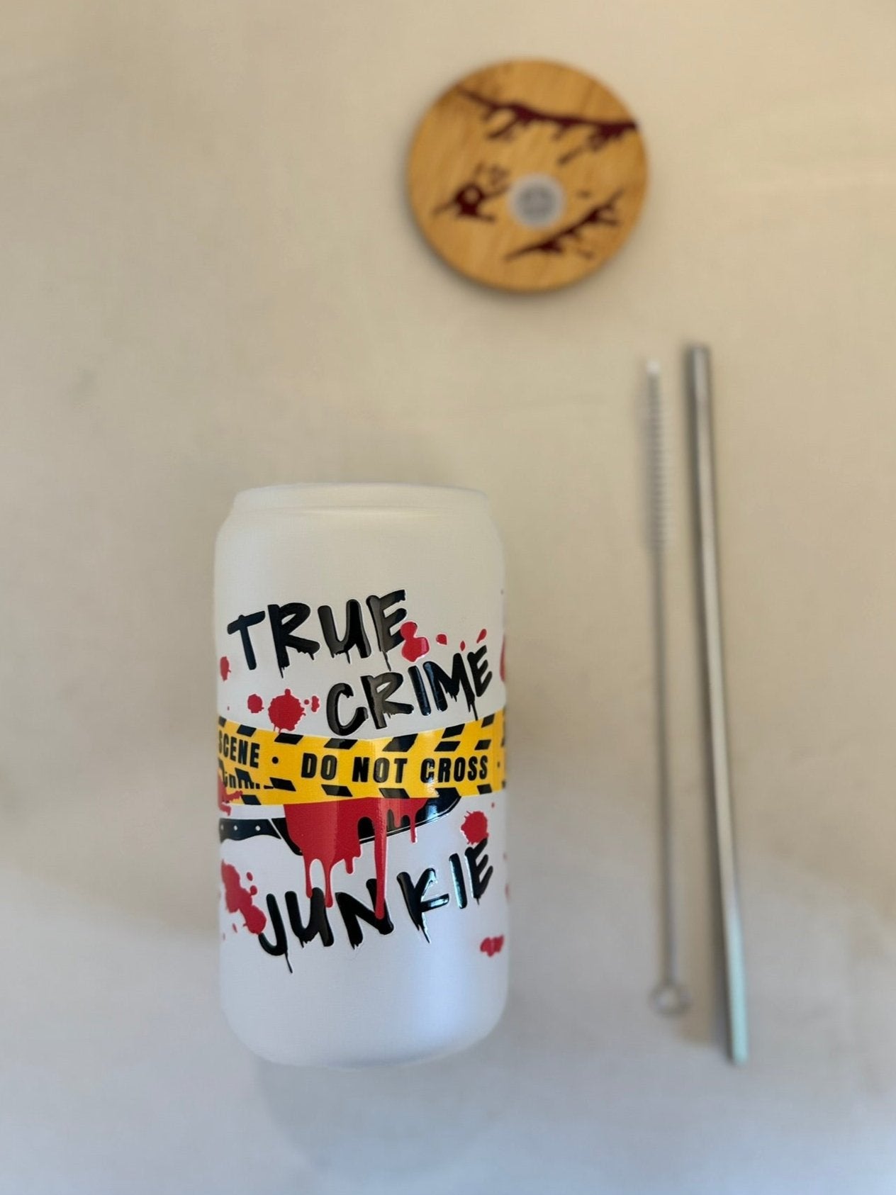 True Crime Junkie Frosted Glass Cup with Bamboo Lid and Metal Straw
