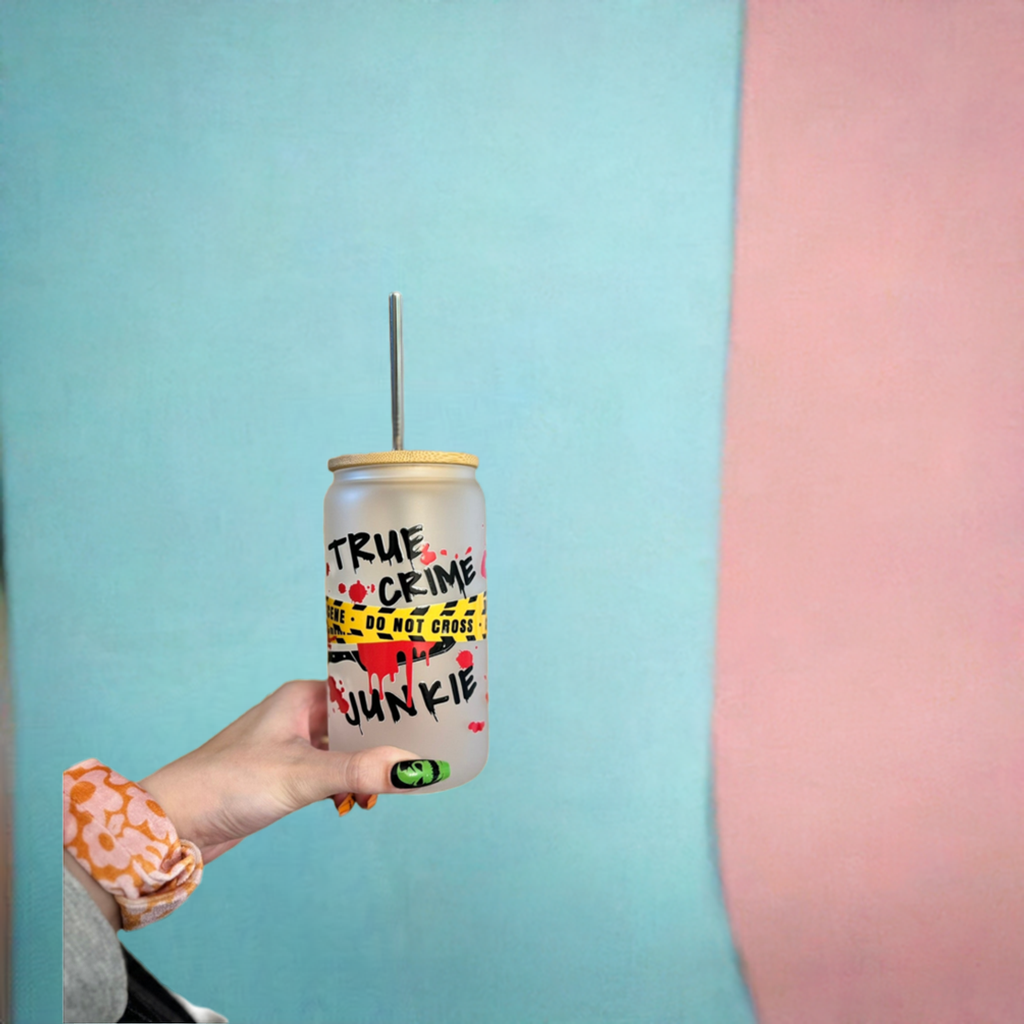 True Crime Junkie Frosted Glass Cup with Bamboo Lid and Metal Straw