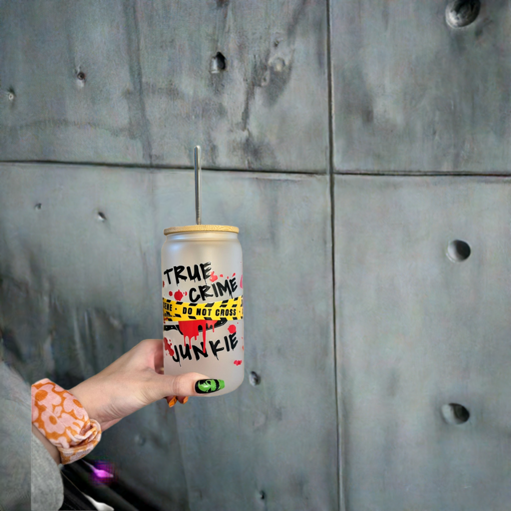True Crime Junkie Frosted Glass Cup with Bamboo Lid and Metal Straw
