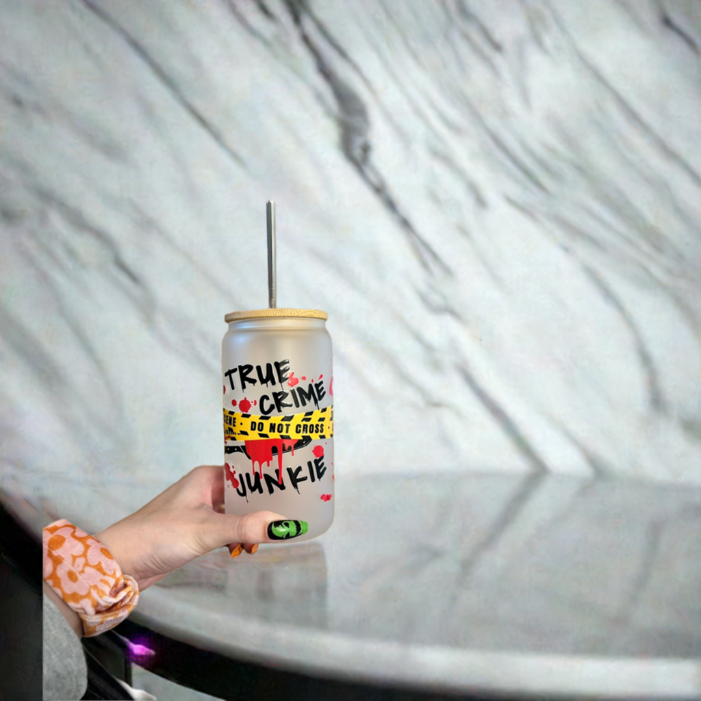 True Crime Junkie Frosted Glass Cup with Bamboo Lid and Metal Straw