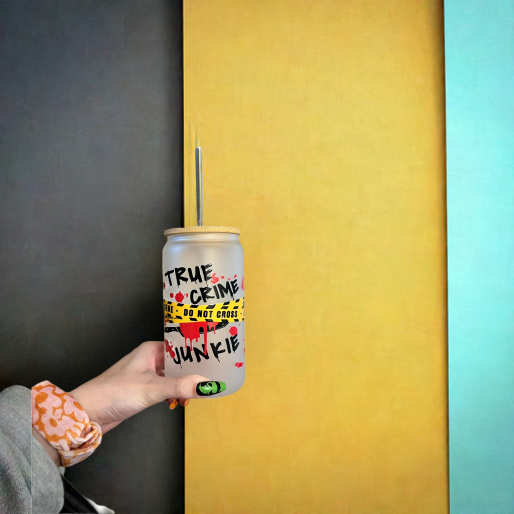 True Crime Junkie Frosted Glass Cup with Bamboo Lid and Metal Straw