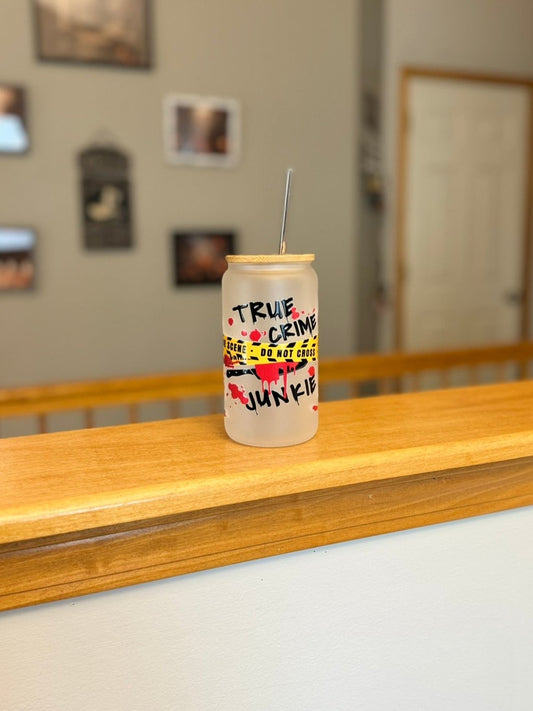 True Crime Junkie Frosted Glass Cup with Bamboo Lid and Metal Straw