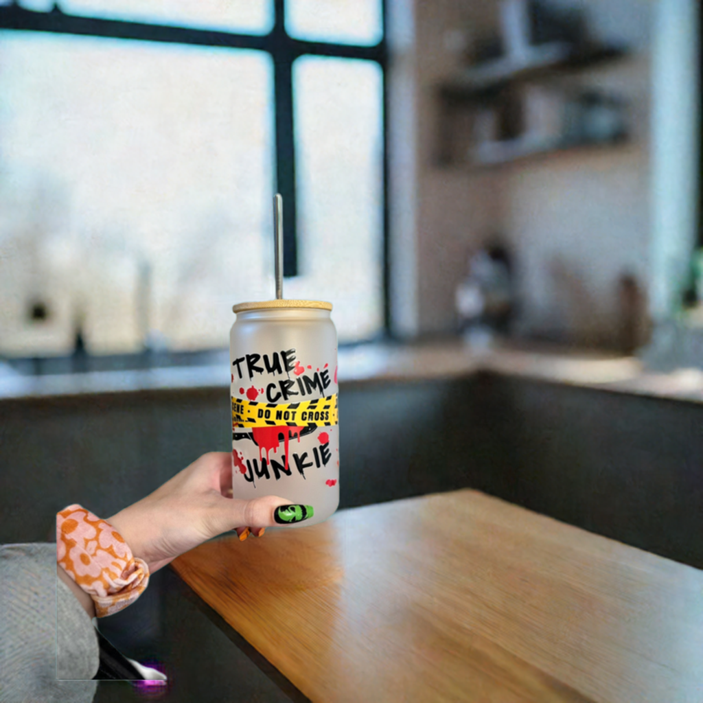True Crime Junkie Frosted Glass Cup with Bamboo Lid and Metal Straw